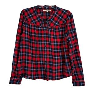 Xirena Red Plaid Top Button Up Long Sleeve Flannel Shirt Size S Women Pleated